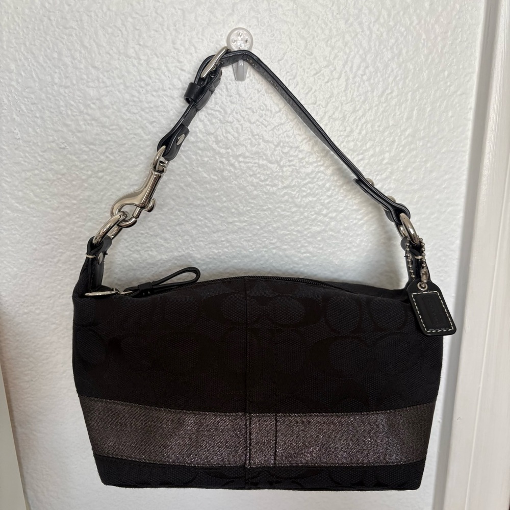 Coach Black Signature Canvas Shoulder Bag with Metallic Stripe